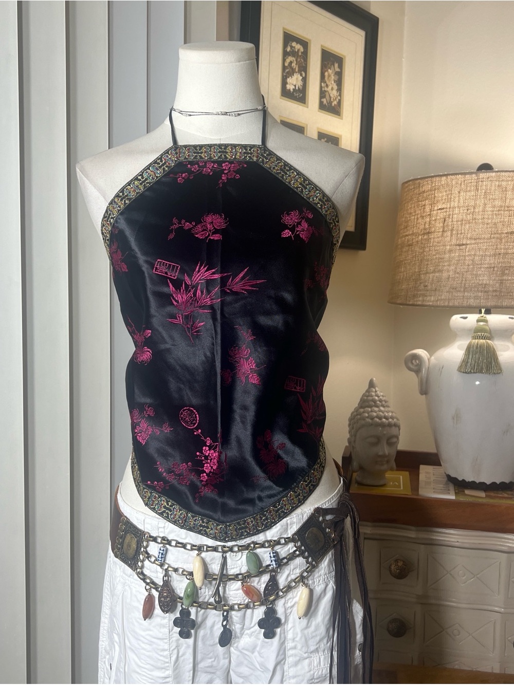 Y2K Black Satiny Halter Top with Pink Floral Embroidery